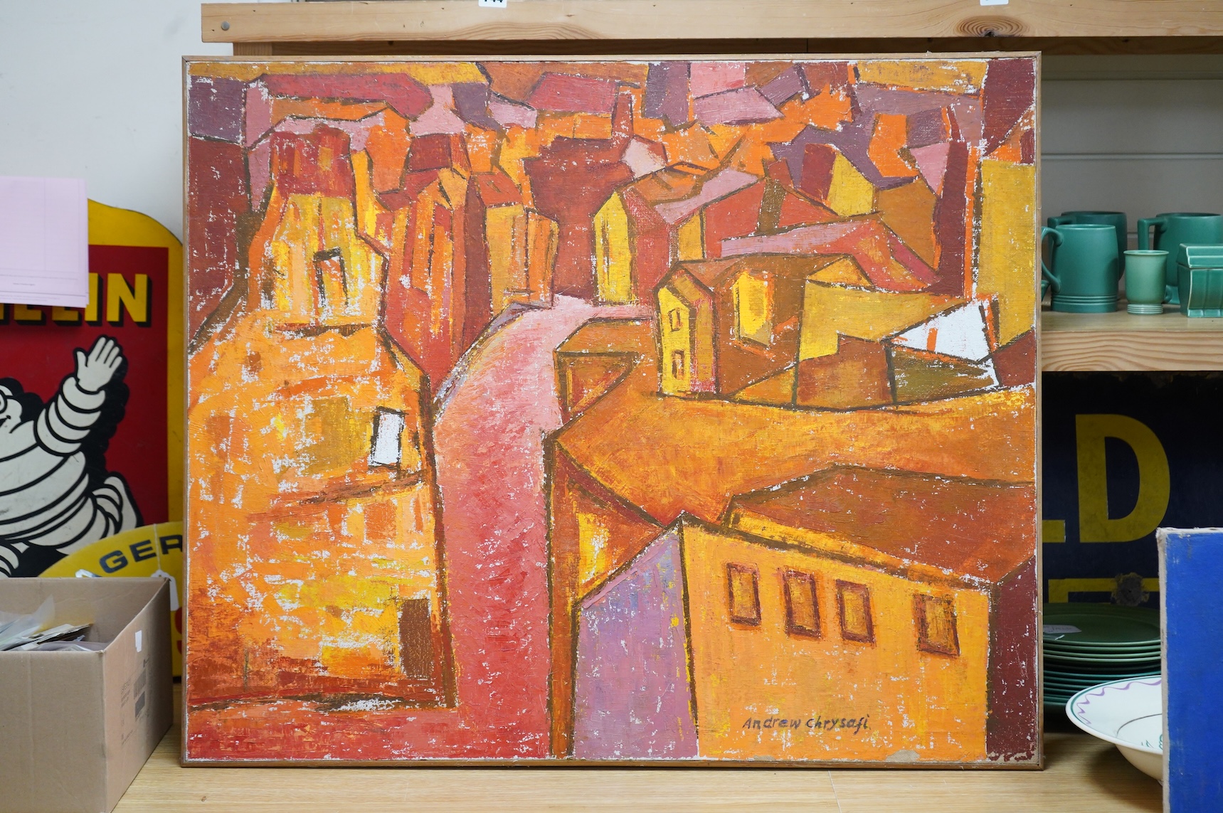 Andrew Chrysafi (b.1938), ‘Petticoat lane’, signed, mid century oil on canvas, 76 x 91cm